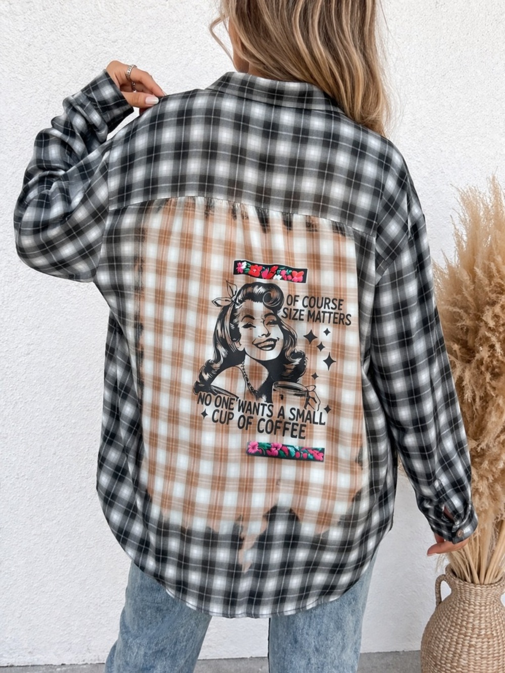 Lane Bryant Women Plaid Button Down 26/28 (size 4x) Custom Graphic Coffee Shirt